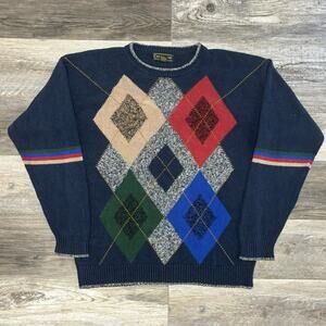 Vintage 90s Croft‎ & Barrow Navy Blue Mens XLT Argyle Silk Knit Pullover Sweater